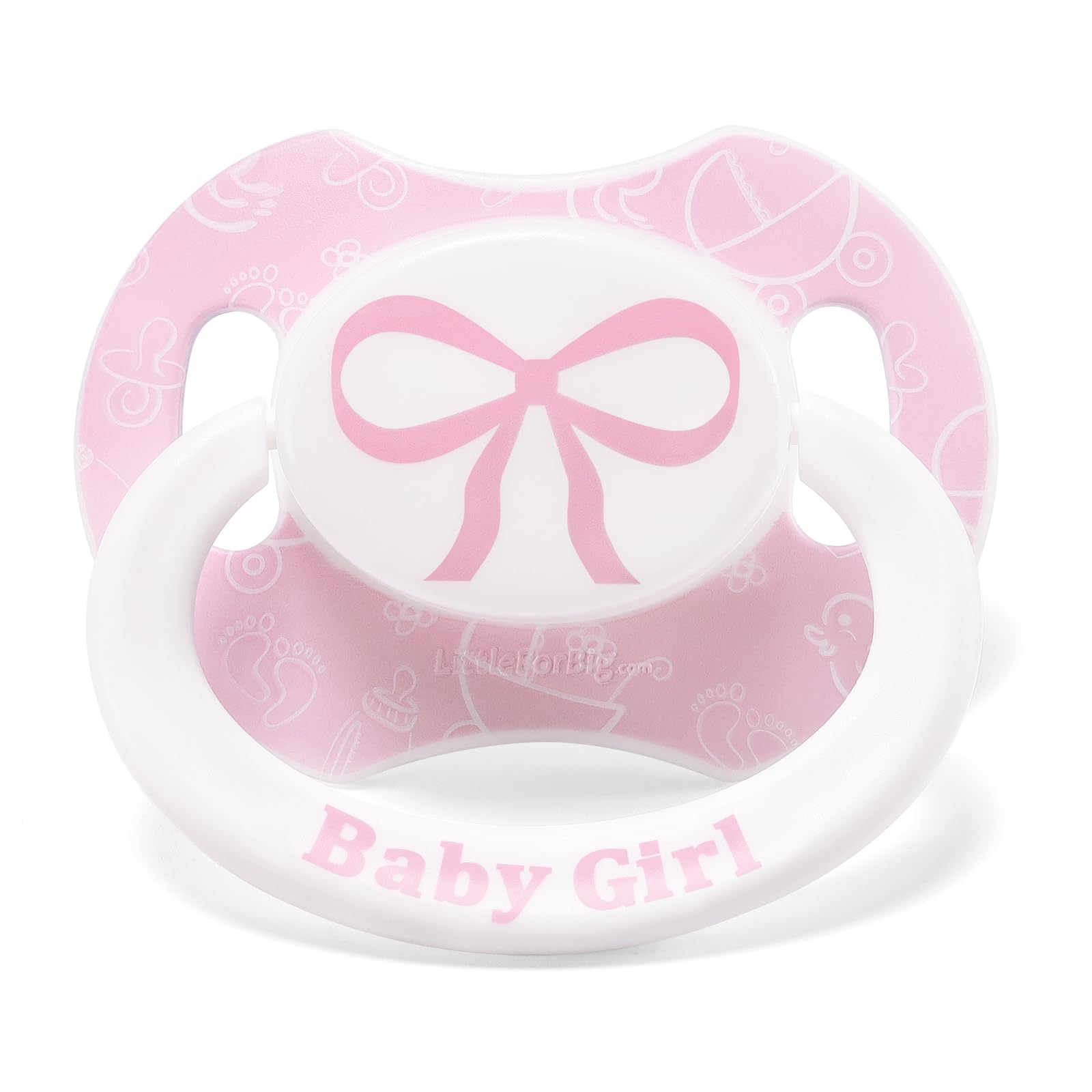 LittleForBig Bigshield Gen-II pacifier with girl pattern and pink bow button for playful style and comfort.
