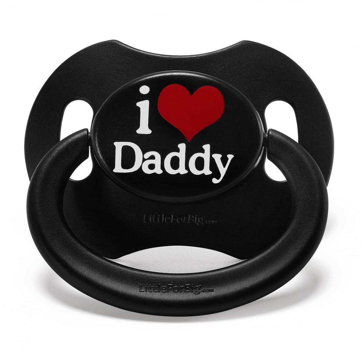 LittleForBig Bigshield Gen-II pacifier with I Love Daddy pattern in black for everyday comfort.