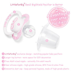 Close-up of LittleForBig Bigshield Gen-II pink bow button detail for DIY customization.