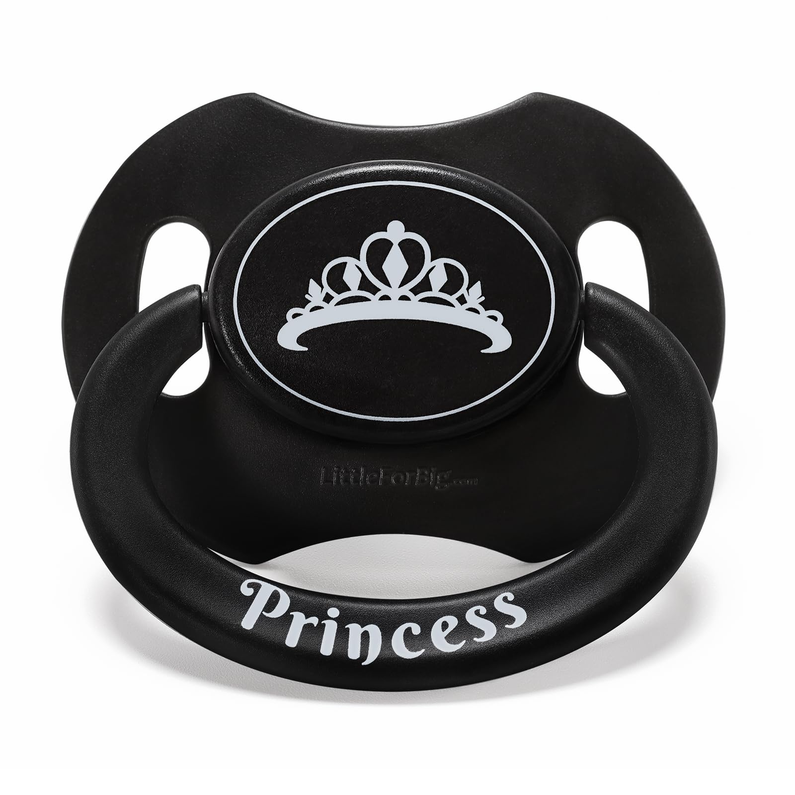 Littleforbig Bigshield Gen-II pacifier with princess crown pattern in black for stylish adult-sized comfort