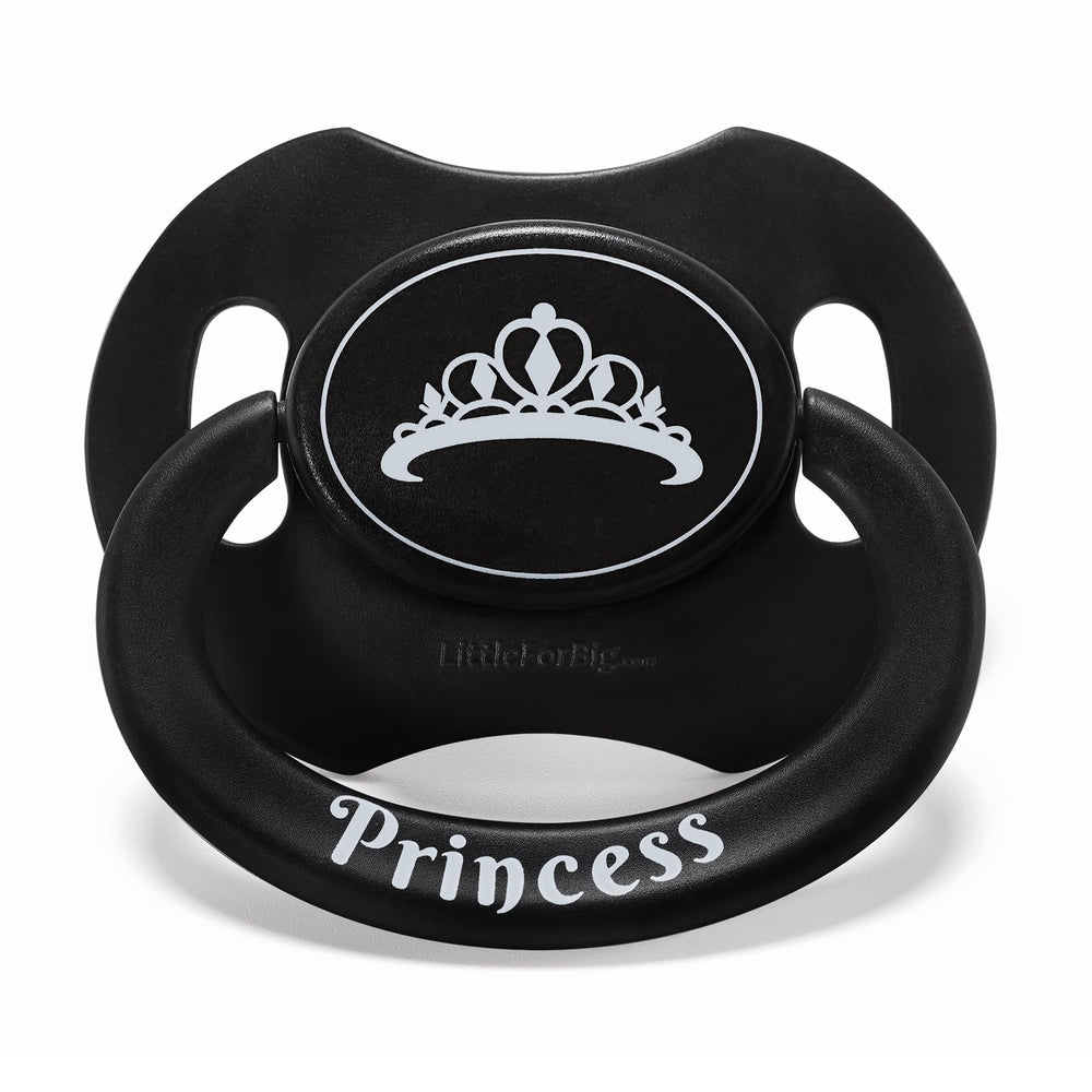 Littleforbig Bigshield Gen-II pacifier with princess crown pattern in black for stylish adult-sized comfort
