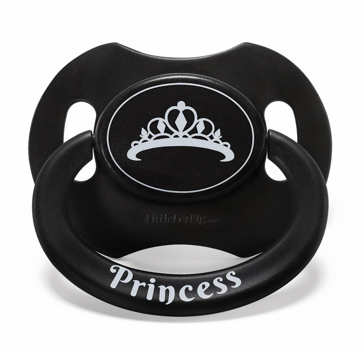 Littleforbig Bigshield Gen-II pacifier with princess crown pattern in black for stylish adult-sized comfort
