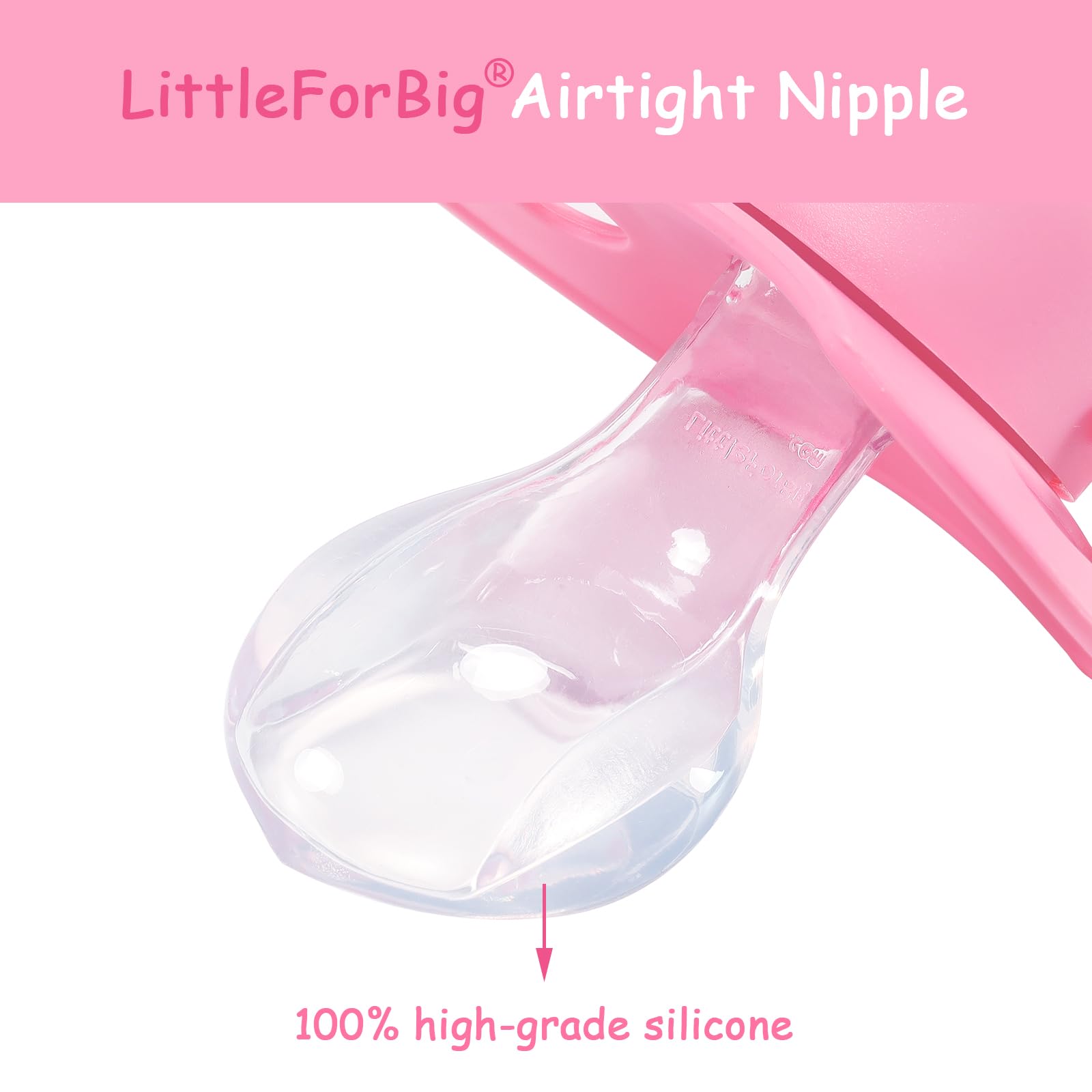 Littleforbig Bigshield Generation-II Rosy pacifier disassembled close-up demonstrates easy customization.