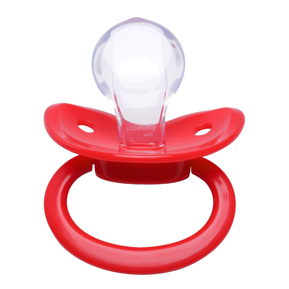 LittleForBig BigShield red pacifier close-up emphasizing easy grip and soothing feel