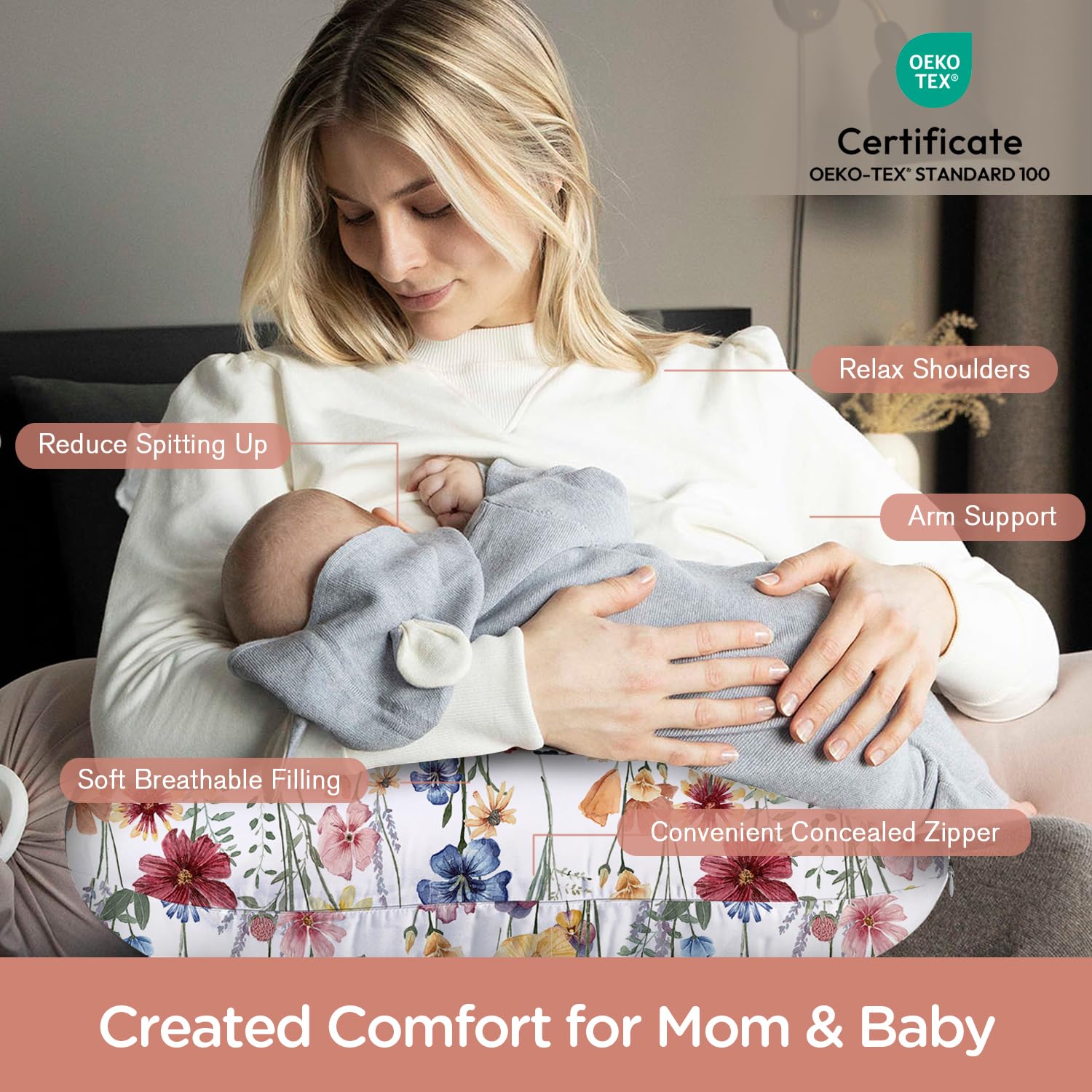 Little Grape Land nursing pillow ergonomic-height view demonstrates easier feeding and reduced arm strain.