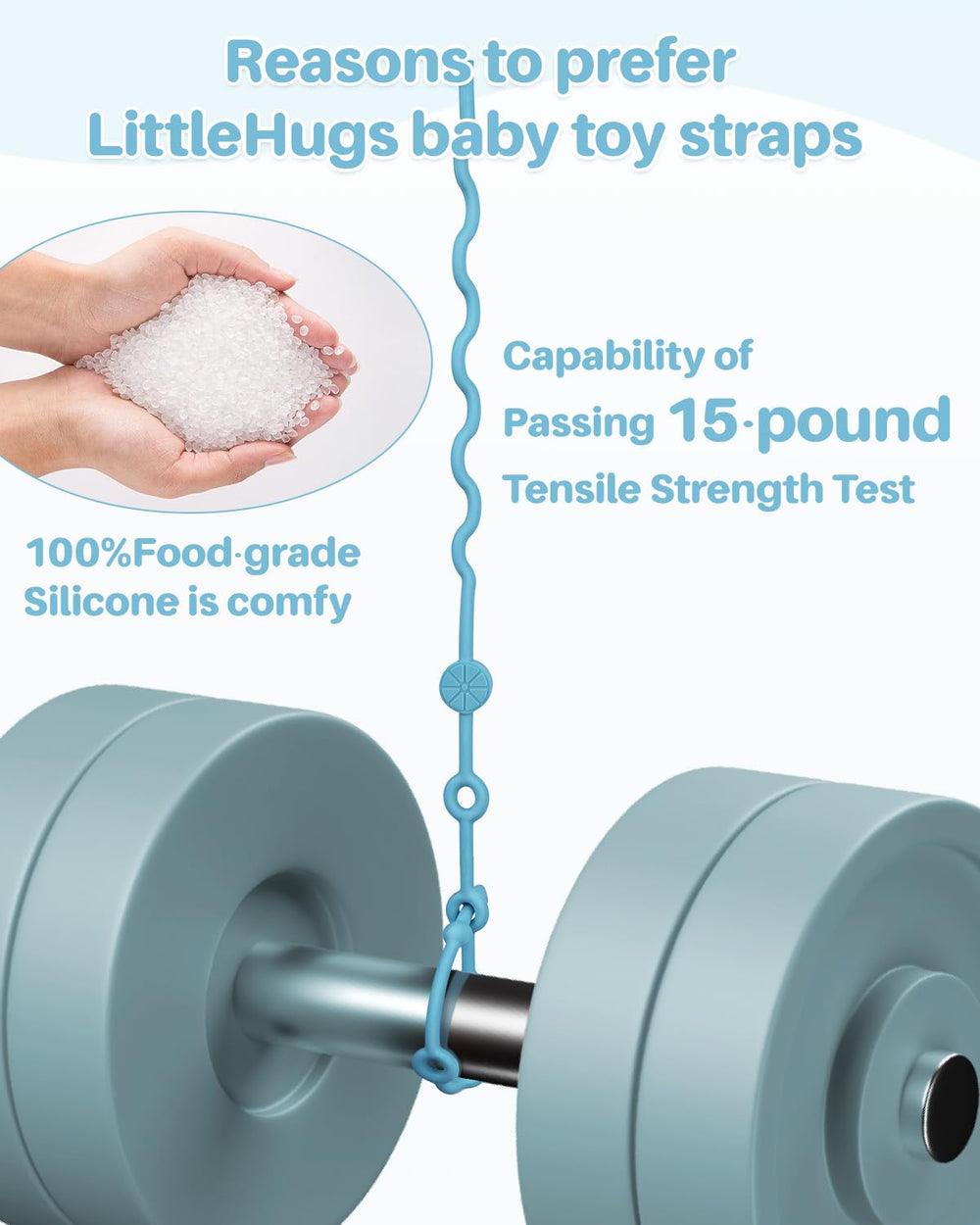 LittleHugs silicone pacifier clip keeps pacifiers within reach and free of drops.