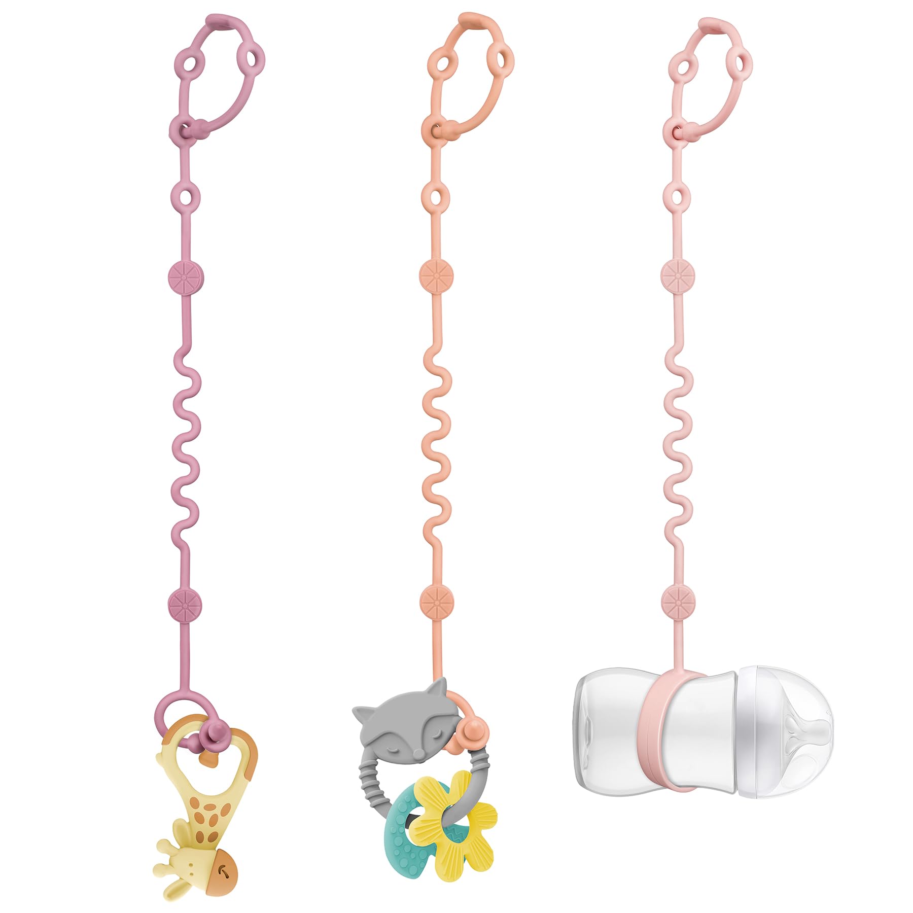 LittleHugs silicone toy strap attached to stroller clip for secure playtime