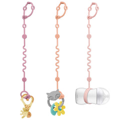 LittleHugs silicone toy strap attached to stroller clip for secure playtime