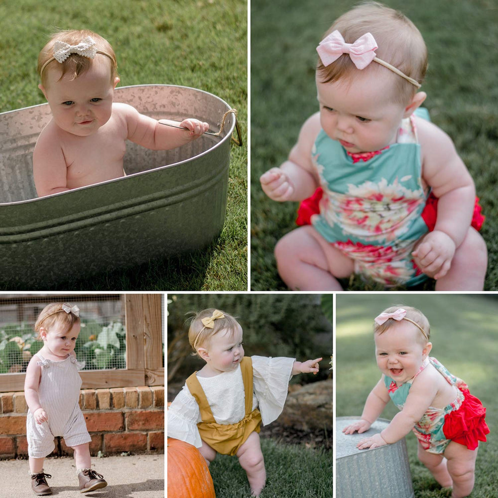 LittleJoJo petite denim bow headband; modern style on a soft, one-size nylon band.