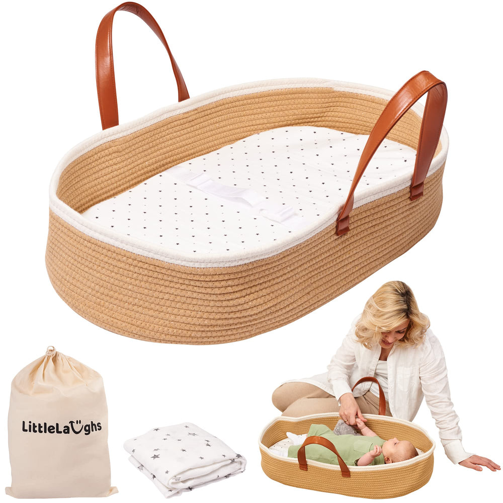 LittleLaughs Moses Basket with muslin blanket for portable baby care on the go.