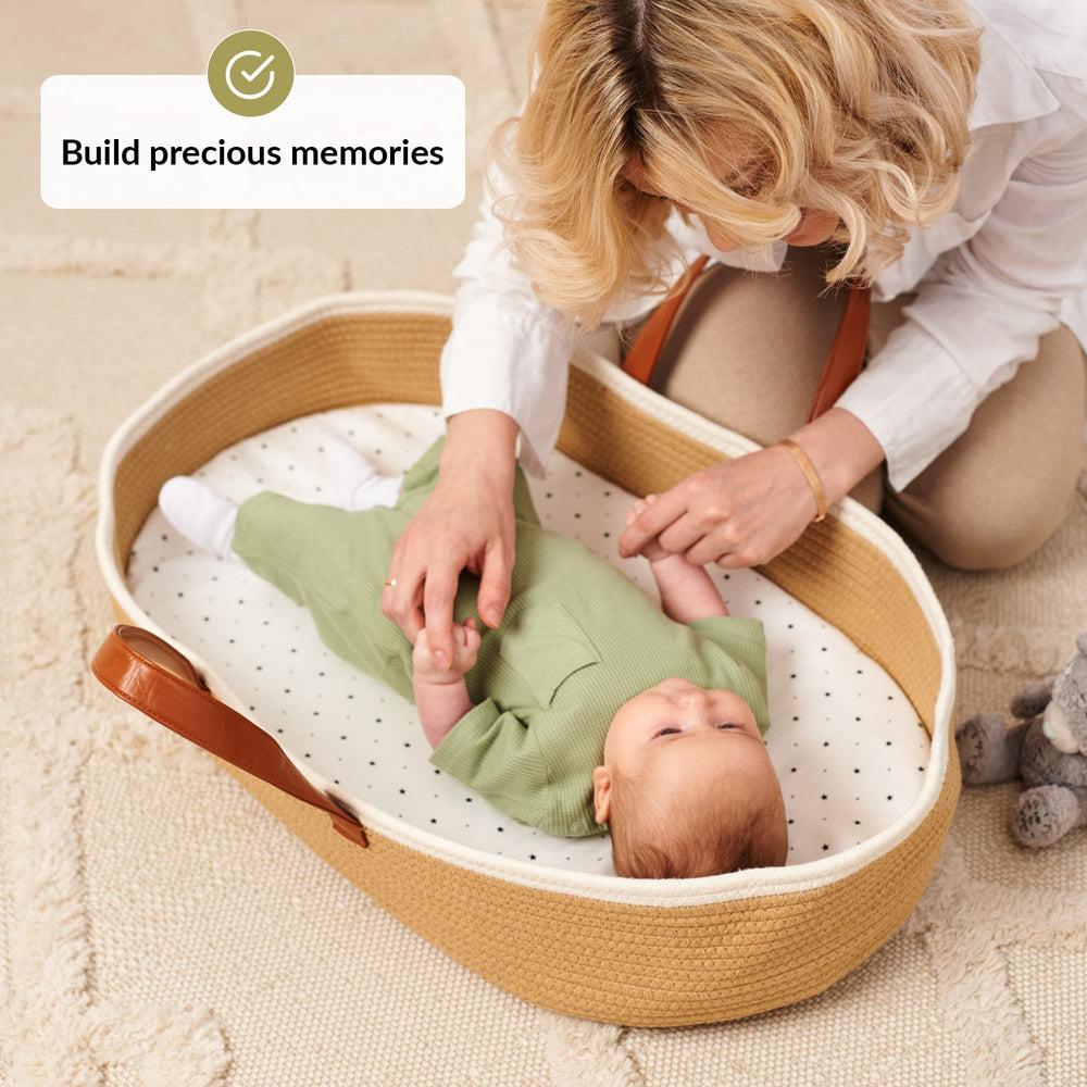 LittleLaughs woven basket design blends with nursery decor and travel use.