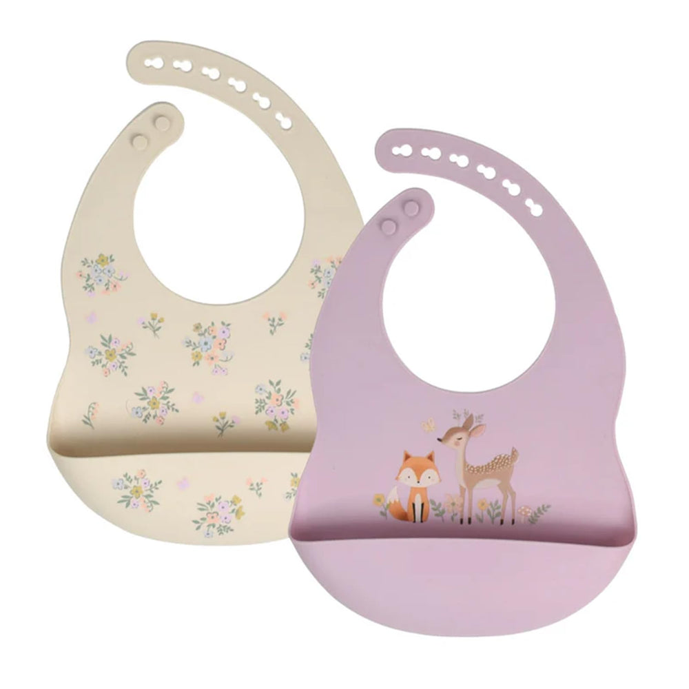 Little Rawr purple-beige bibs set keeps meals tidy and comfortable.
