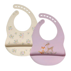 Little Rawr purple-beige bibs set keeps meals tidy and comfortable.