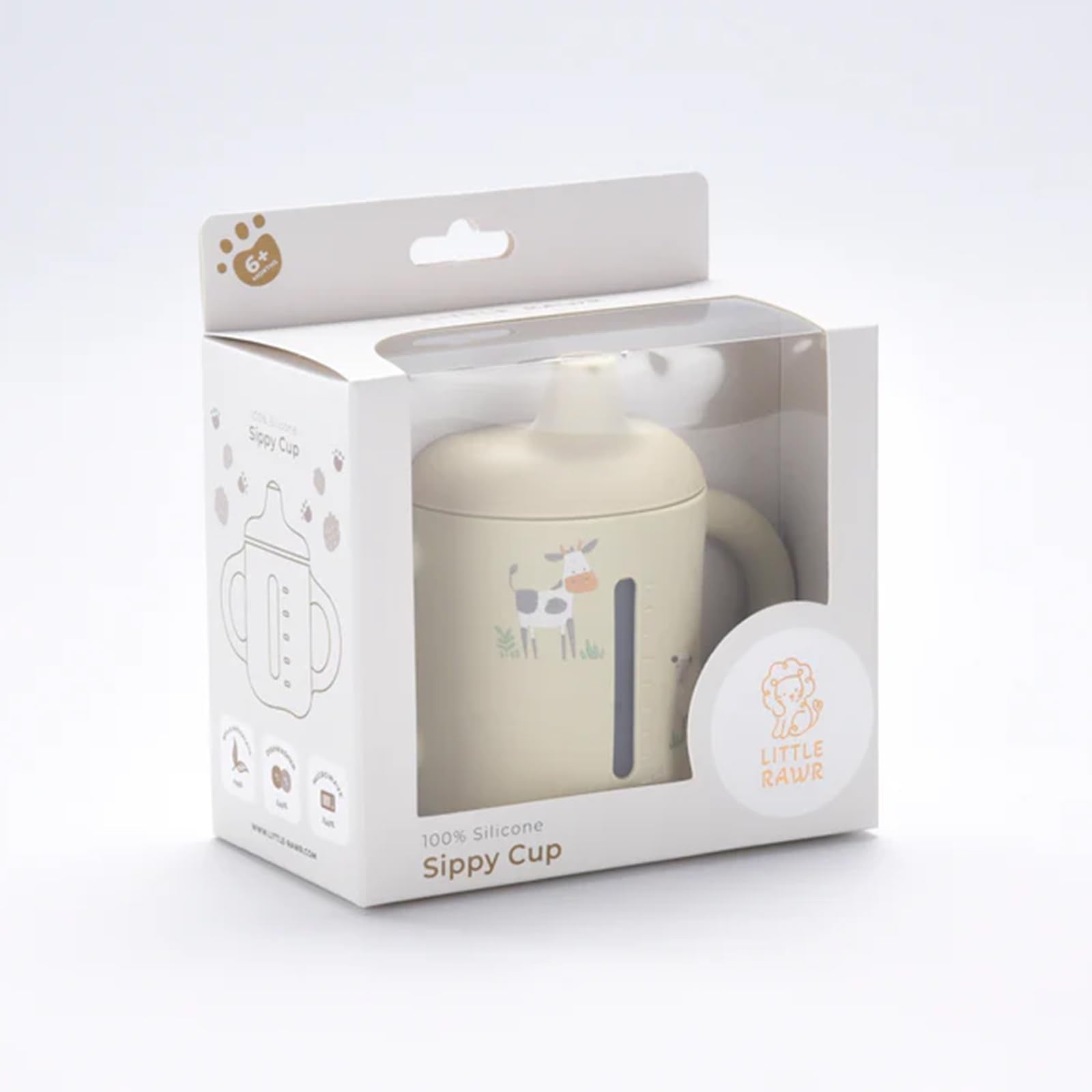 Little Rawr beige soft-spout sippy cup comfortable for teething and gradual sipping.