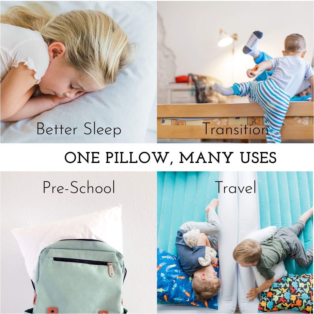 Little Sleepy Head pillow on toddler bed during bedtime routine
