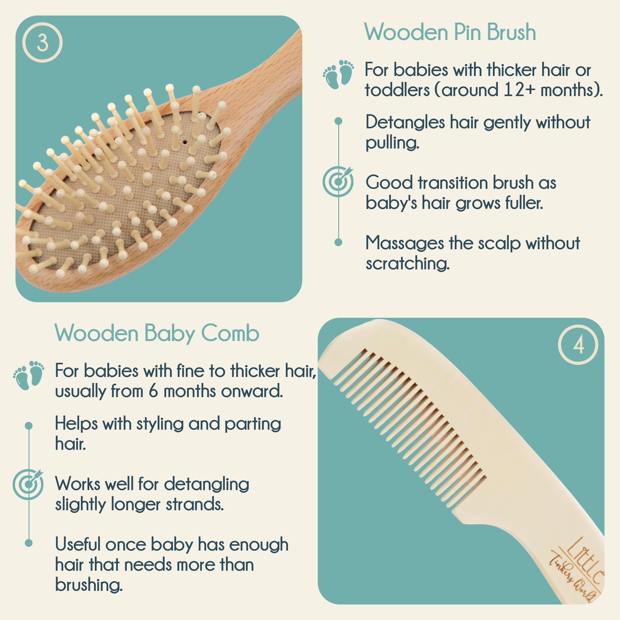Little Tinkers World anti-static, hypoallergenic brush aids calm brushing sessions.