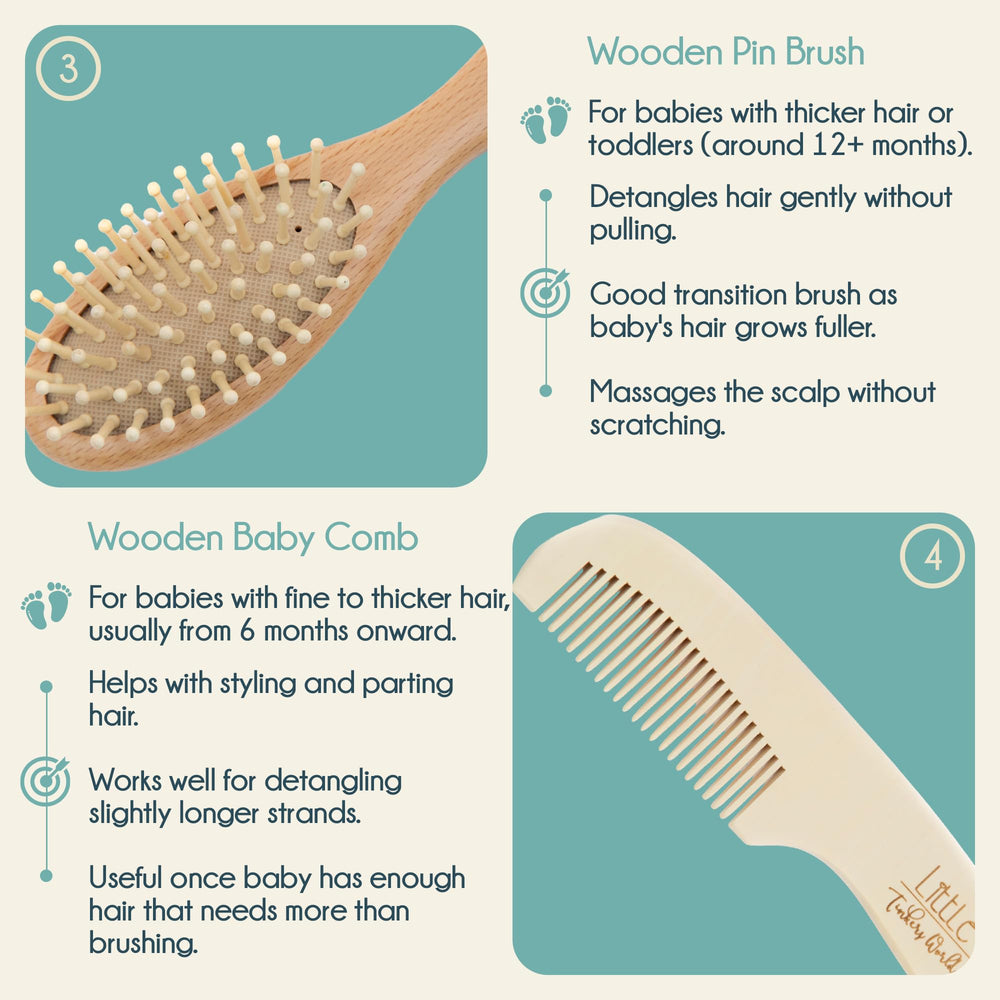 Little Tinkers World anti-static, hypoallergenic brush aids calm brushing sessions.