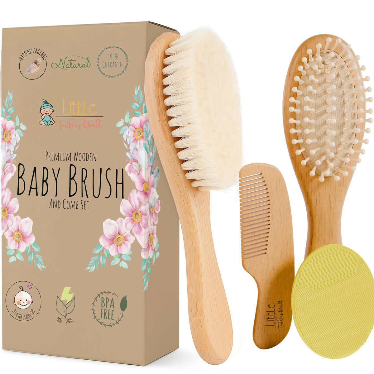 Little Tinkers World baby hair brush with soft goat hair bristles for gentle scalp care.