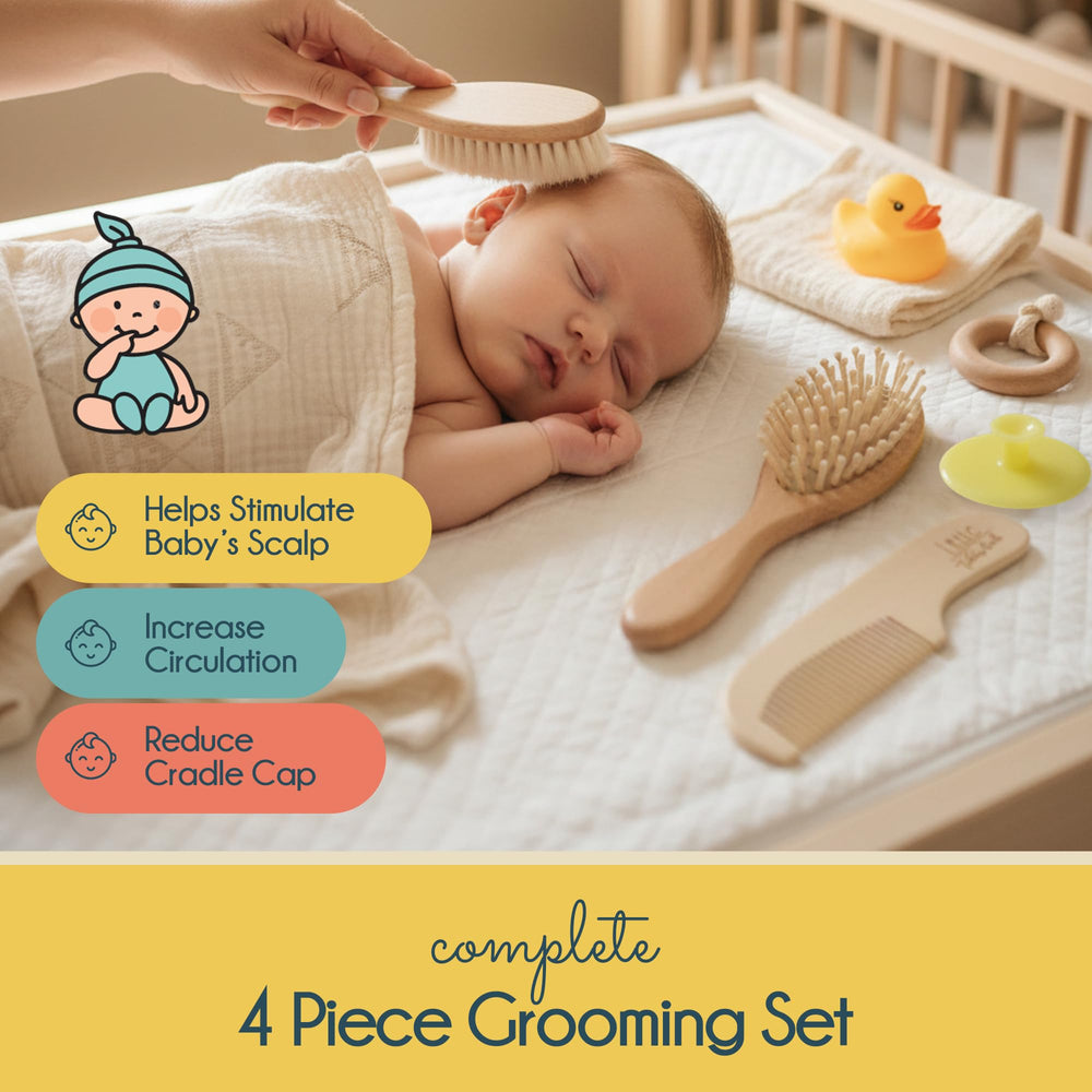 Little Tinkers World newborn hair care set in use for soft grooming.