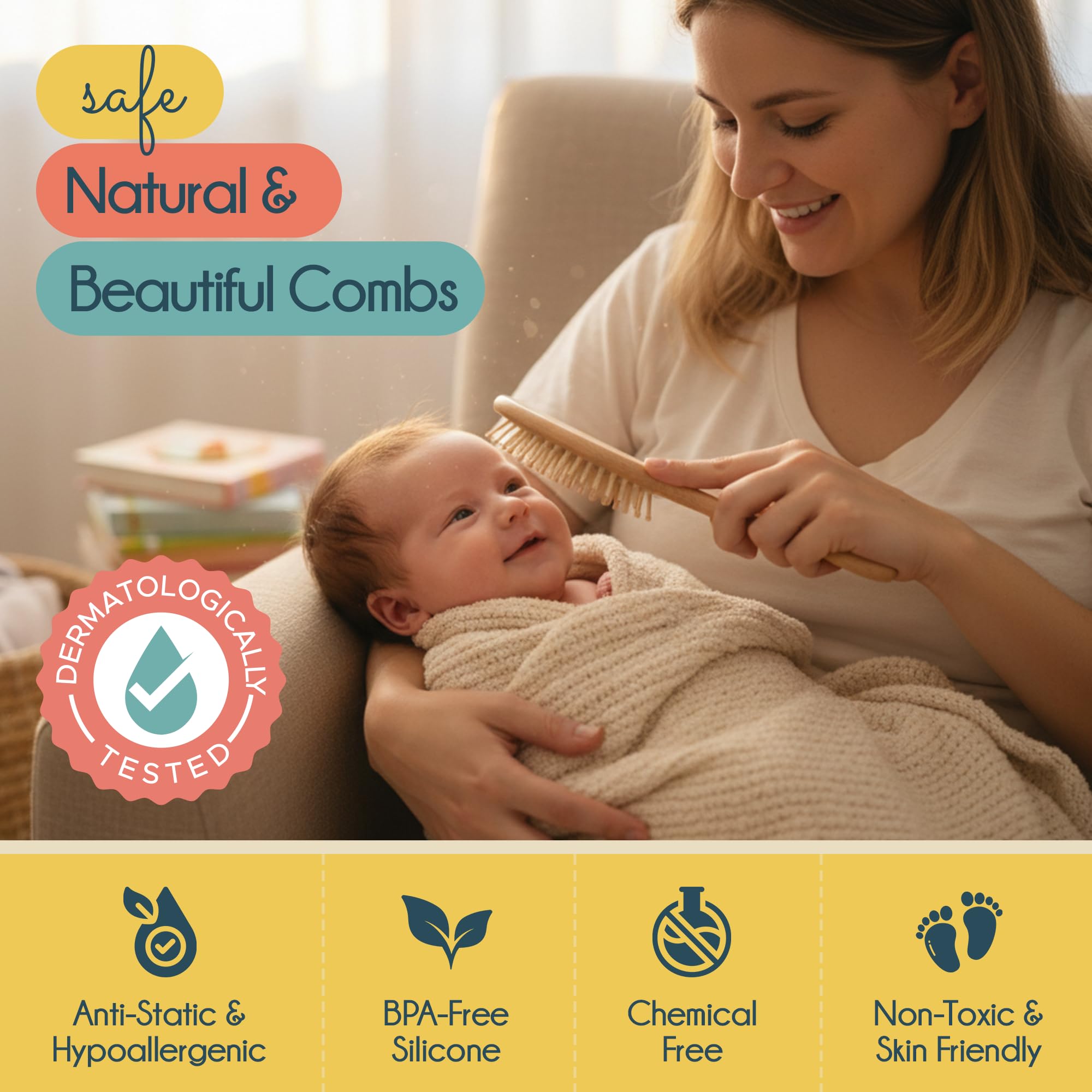 Little Tinkers World silicone cradle cap brush demonstrates gentle detangling.