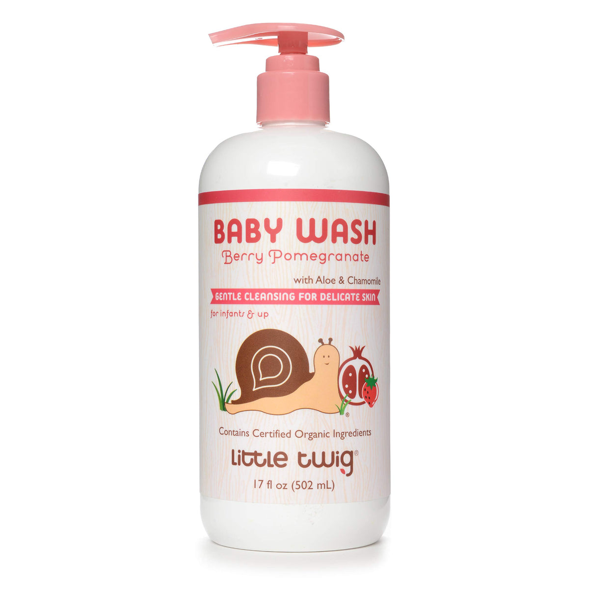 Little Twig berry pomegranate baby wash bottle highlights gentle cleansing for delicate baby skin.