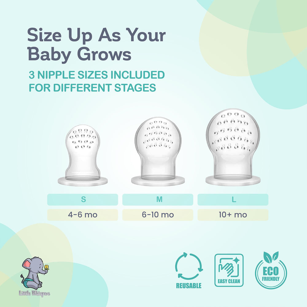 LittleWhispers fresh fruit in feeder highlights safe silicone for little mouths.