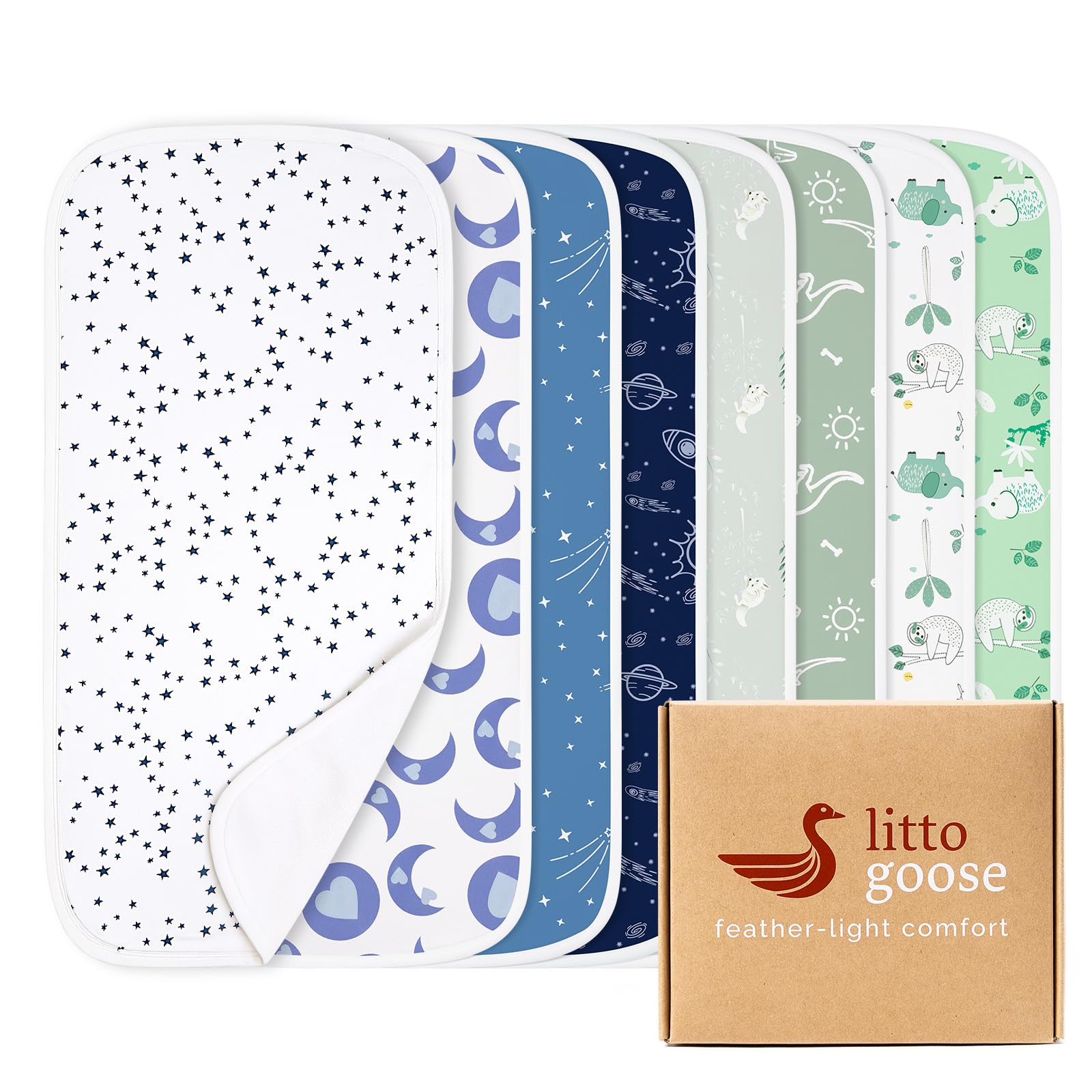 littogoose premium burp cloths front-packaging showing eight large cloths for mess-free feeding