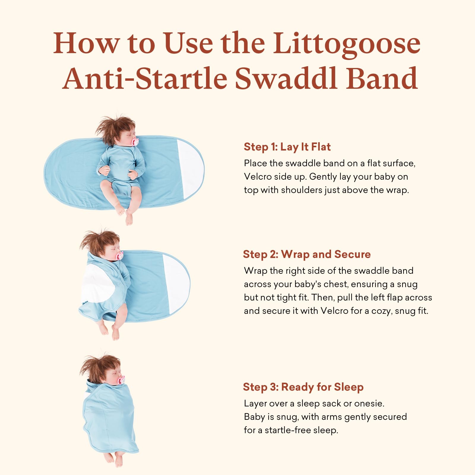littogoose swaddle-wrap velcro-closure closeup shows quiet diaper changes.