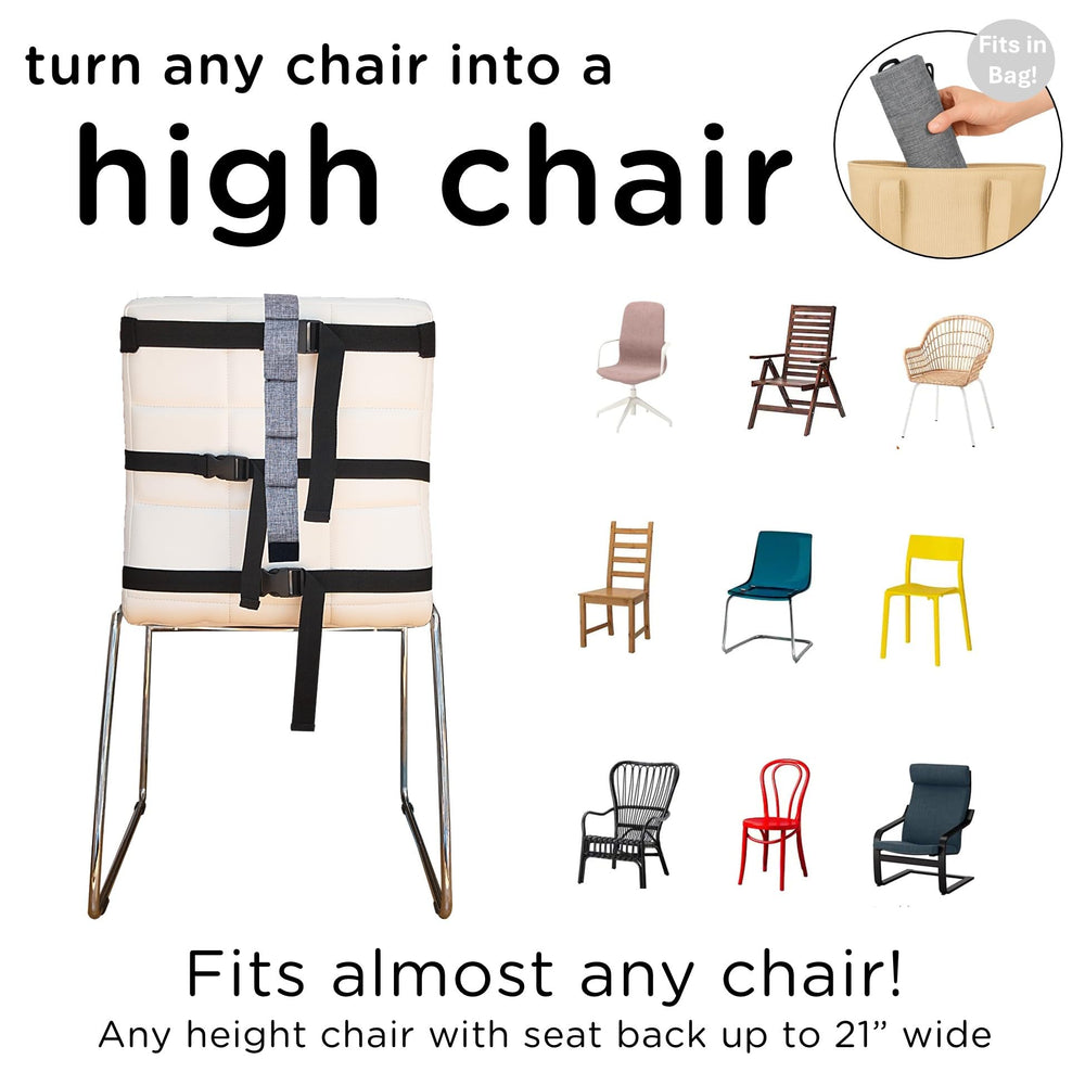 liuliuby Compact Travel High Chair shows 3-height harness for babies and toddlers.