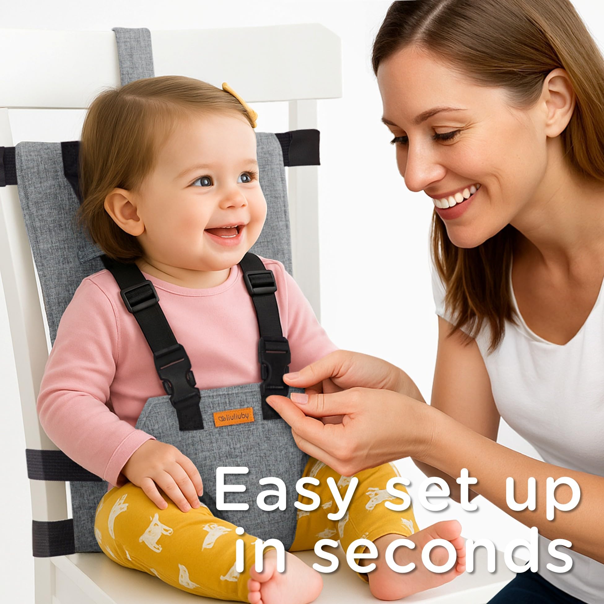 liuliuby Compact Travel High Chair highlights anti-slip pads on top strap.