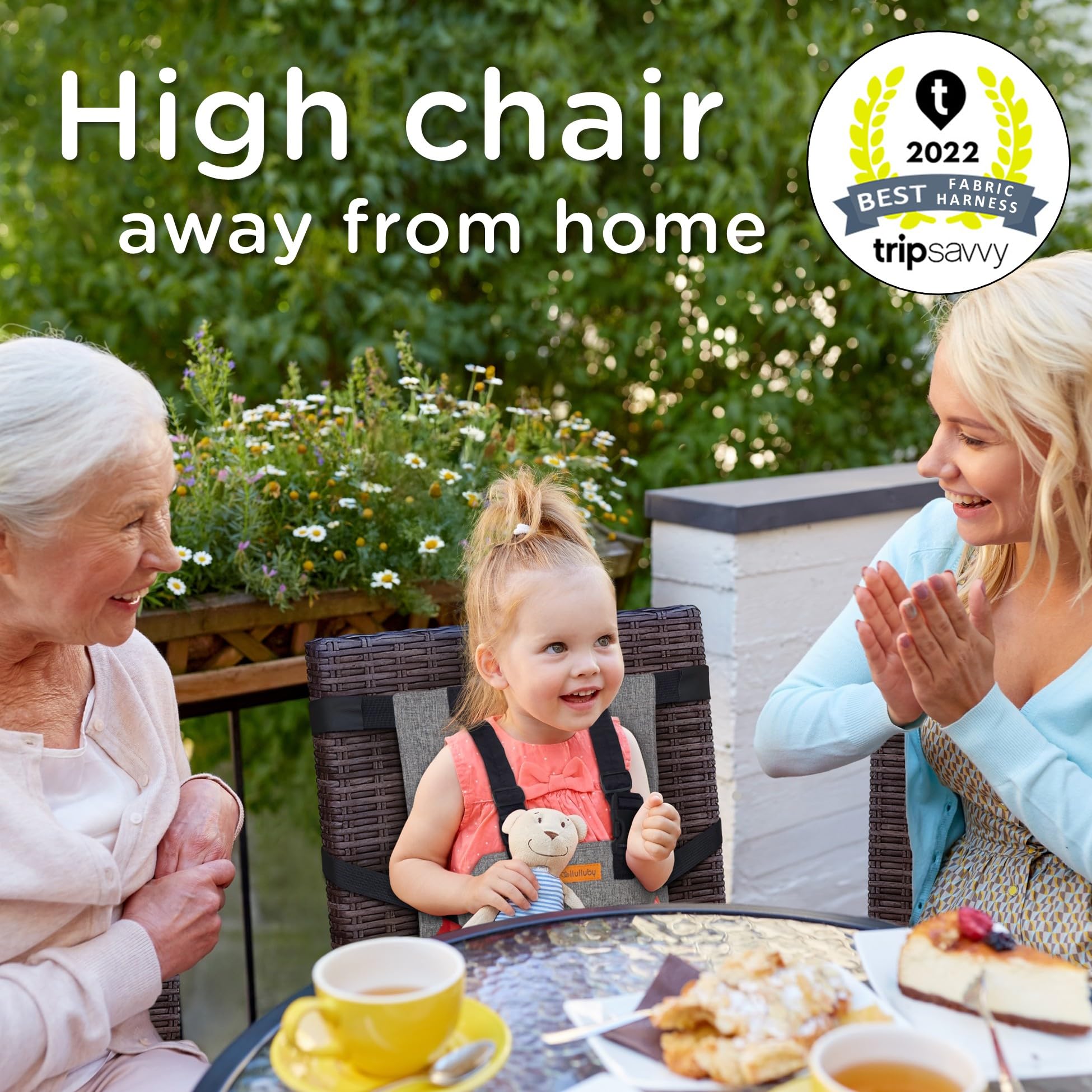 liuliuby Compact Travel High Chair secured on chair, demonstrating anti-slip stability during dining.