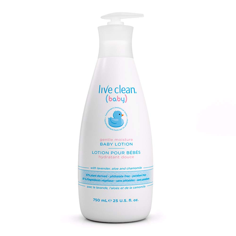 Live Clean Baby Moisturizing Lotion bottle front shows gentle daily moisturization.
