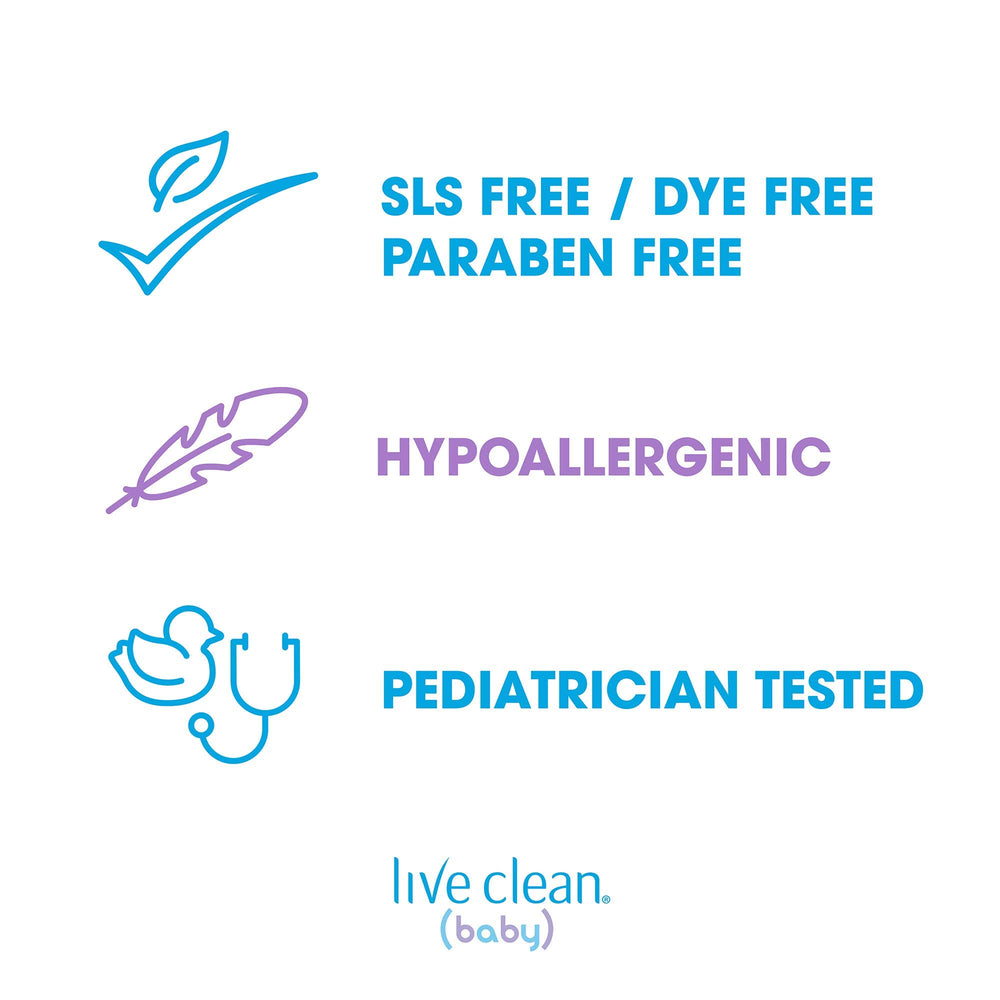 Live Clean Baby Soothing Relief Wash ingredients panel, natural extracts support gentle cleansing