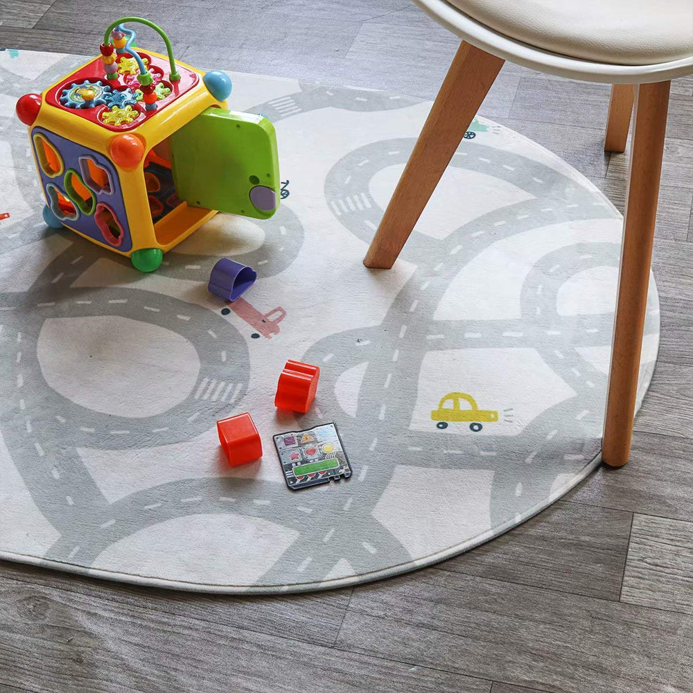 LIVEBOX Road Traffic Rug backside highlights non-slip grip for safer floor play.