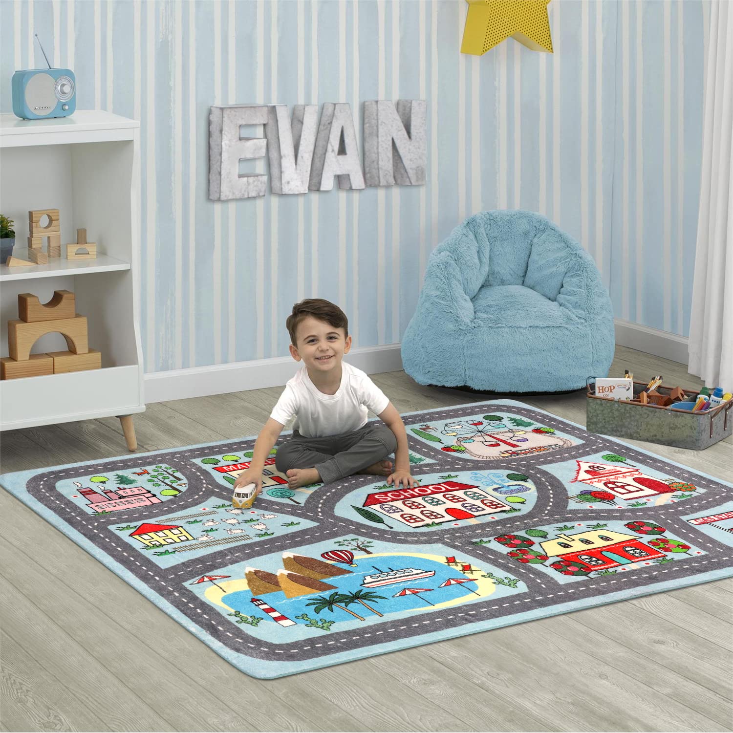 LIVEBOX Soft Kids Rug toy cars on rug demonstrates cozy shared play moments