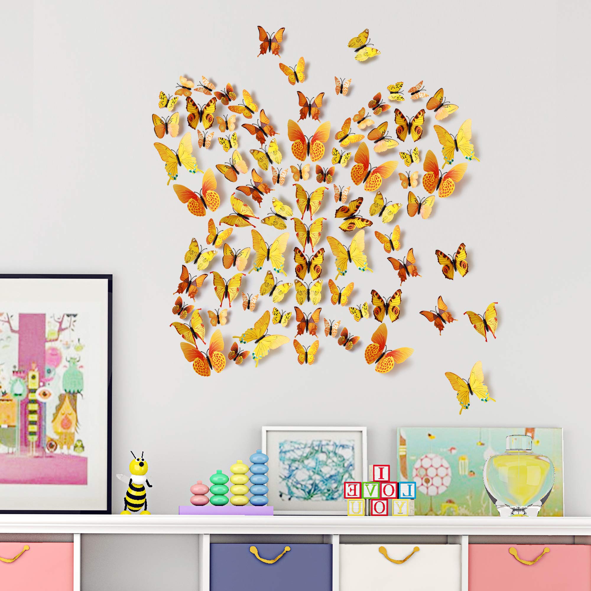 LiveGallery butterfly decals yellow brighten kids' bedrooms with playful patterns.