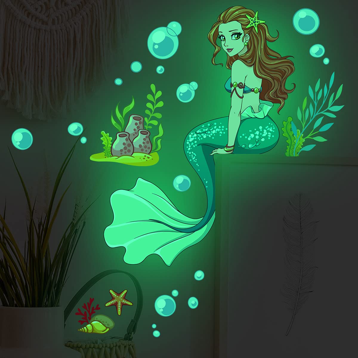 LiveGallery glow mermaid sticker pack on wall creates a cozy, luminescent kids room ambiance