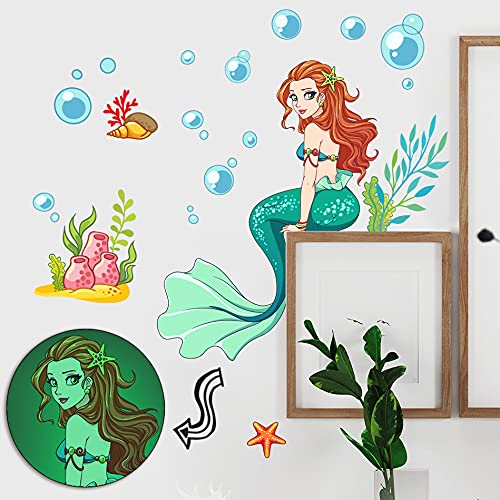 LiveGallery luminous mermaid wall decals near the bed for dreamy bedtime scene