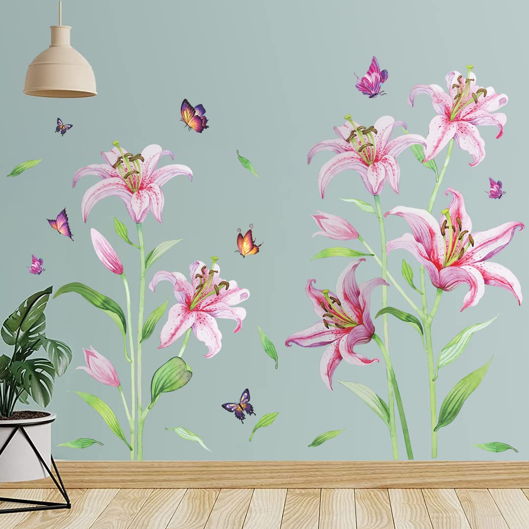 LiveGallery pink lily wall sticker six sheets arranged for easy DIY decorating