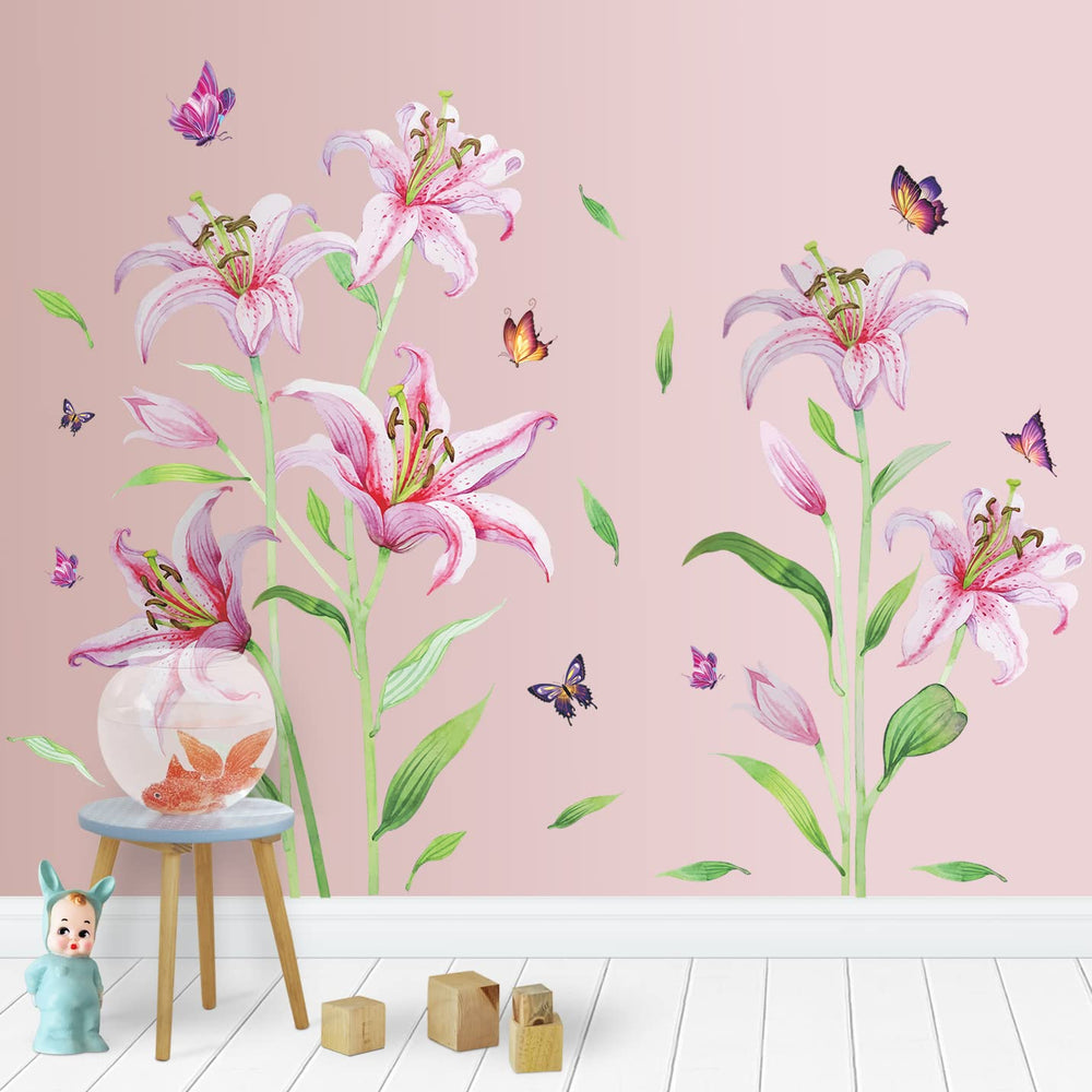 LiveGallery pink lily wall sticker applied on wall demonstrating simple placement