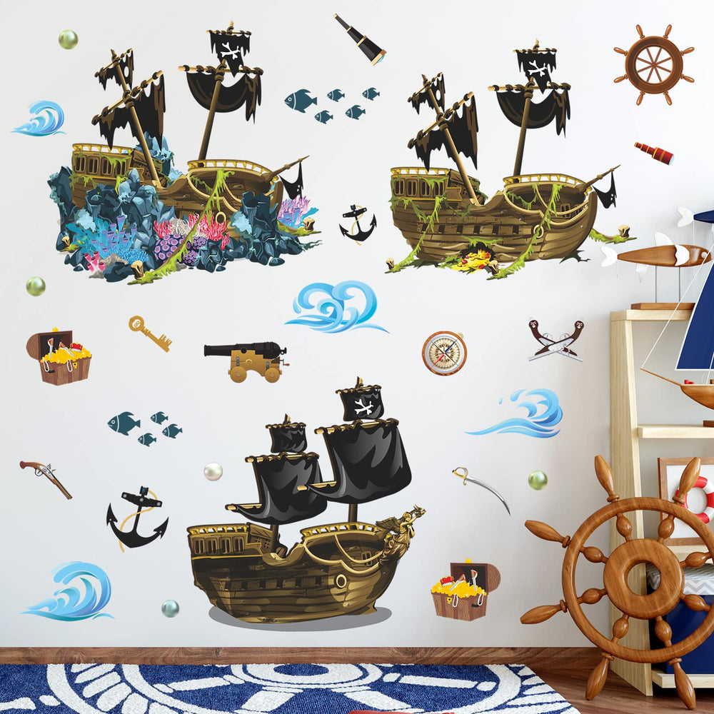 LiveGallery pirate ship wall sticker shows a detailed ship and waves for kids’ room decor