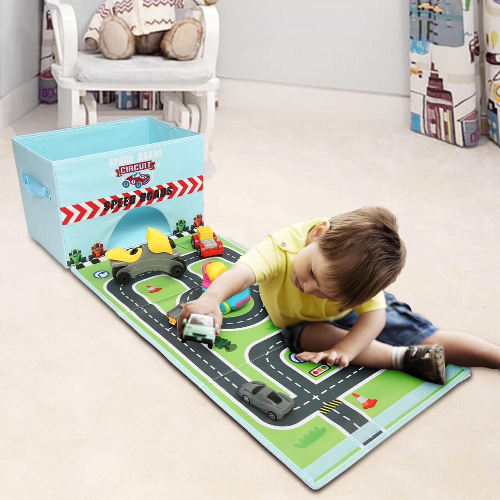 Livememory Toy Cars Garage Box sky blue open lid showing easy multi-toy access.