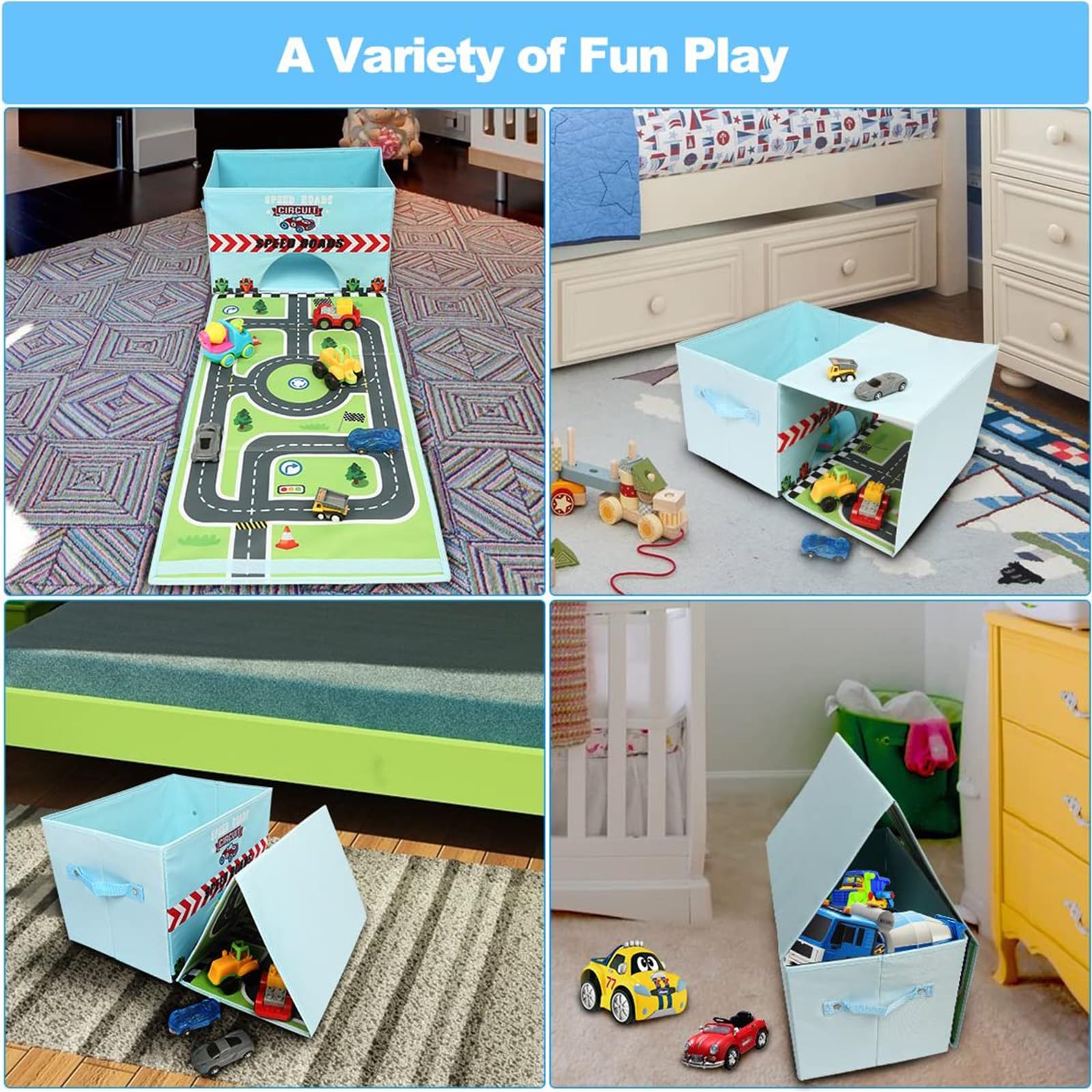 Livememory Toy Cars Garage Box sky blue side view highlights sturdy fabric construction.