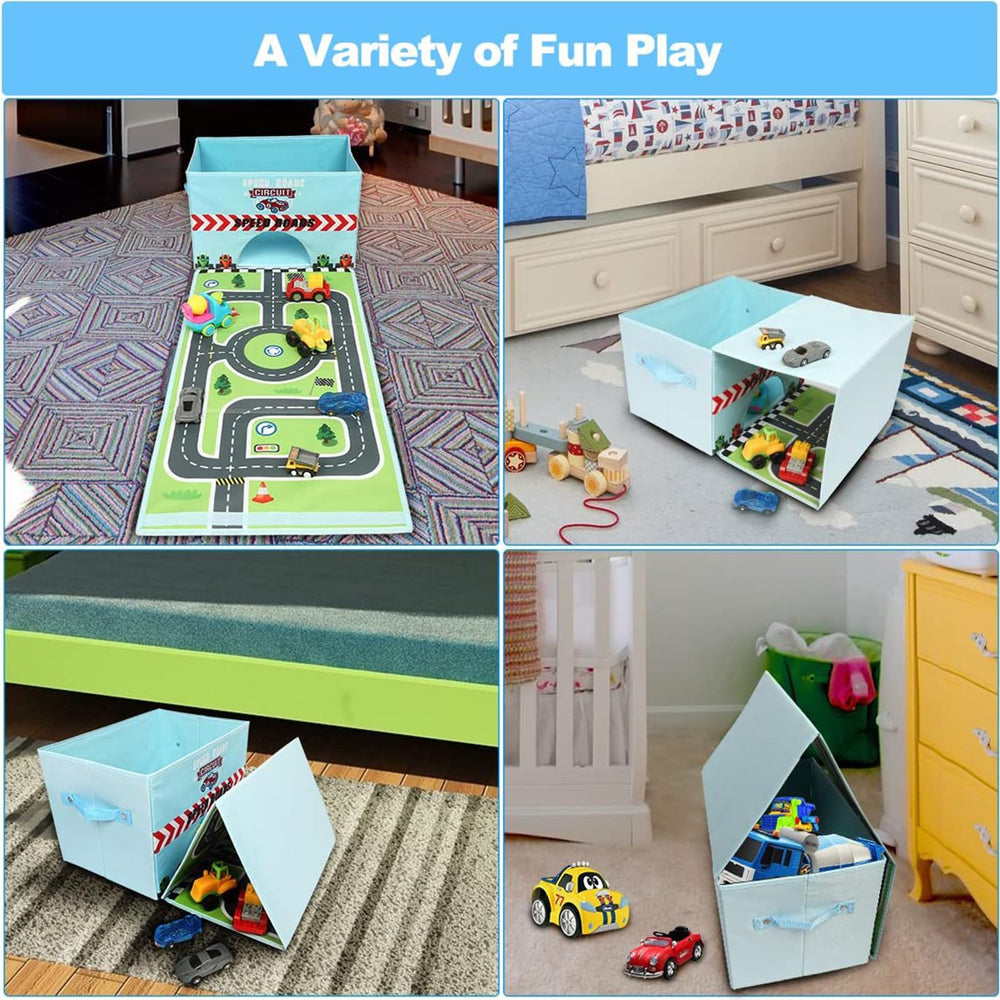 Livememory Toy Cars Garage Box sky blue side view highlights sturdy fabric construction.