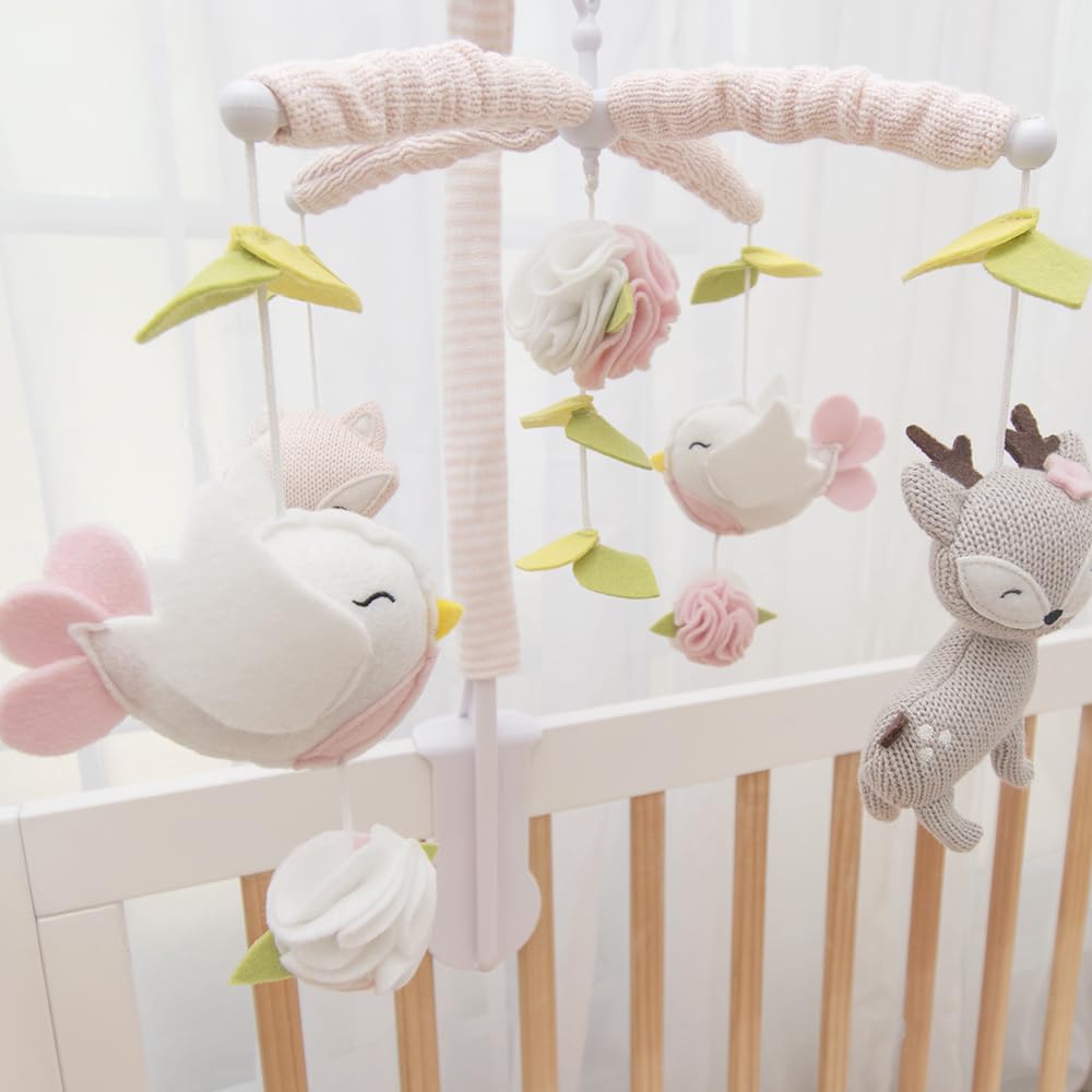 Living Textiles Ava Birds mobile close-up shows soft knitted figures for gentle baby engagement.
