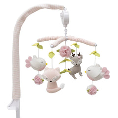 Living Textiles Ava Birds mobile with knitted woodland characters above a crib for calming visual appeal.