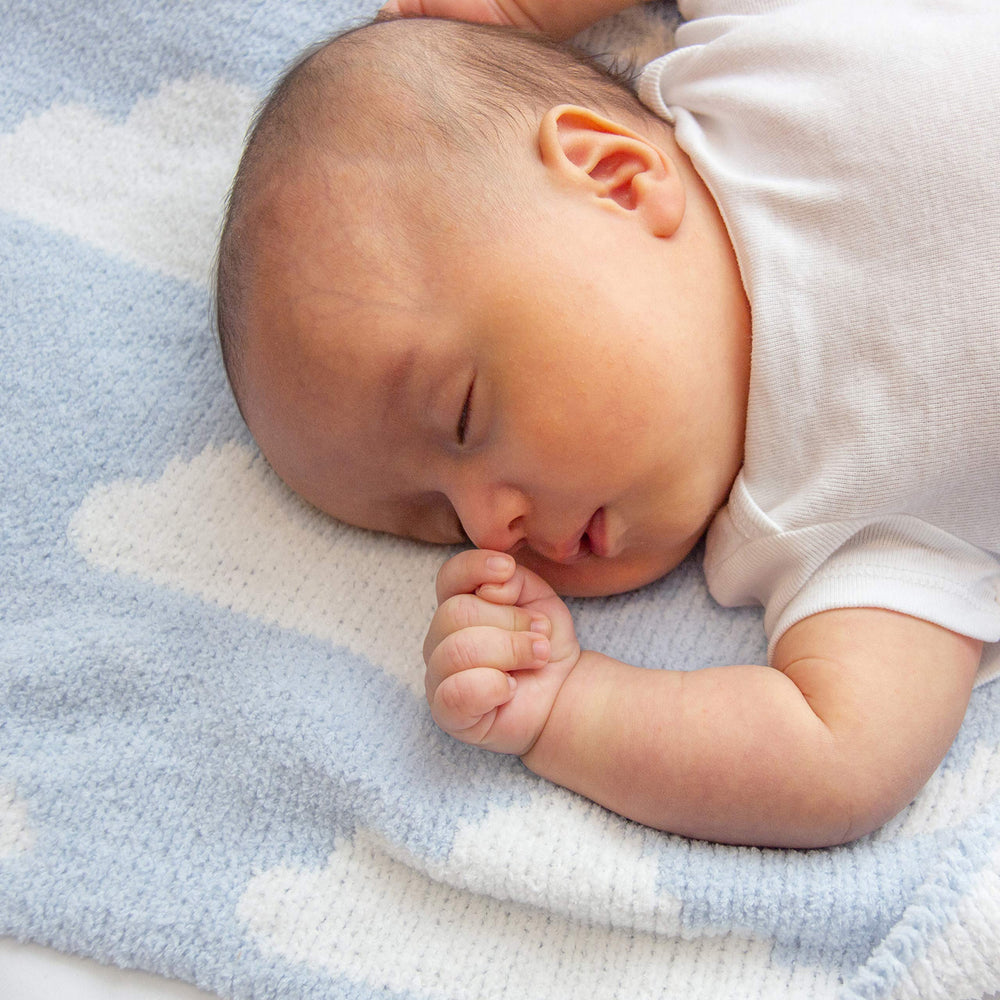 Living Textiles Blue Clouds Chenille blanket gift packaging ready for a baby shower.
