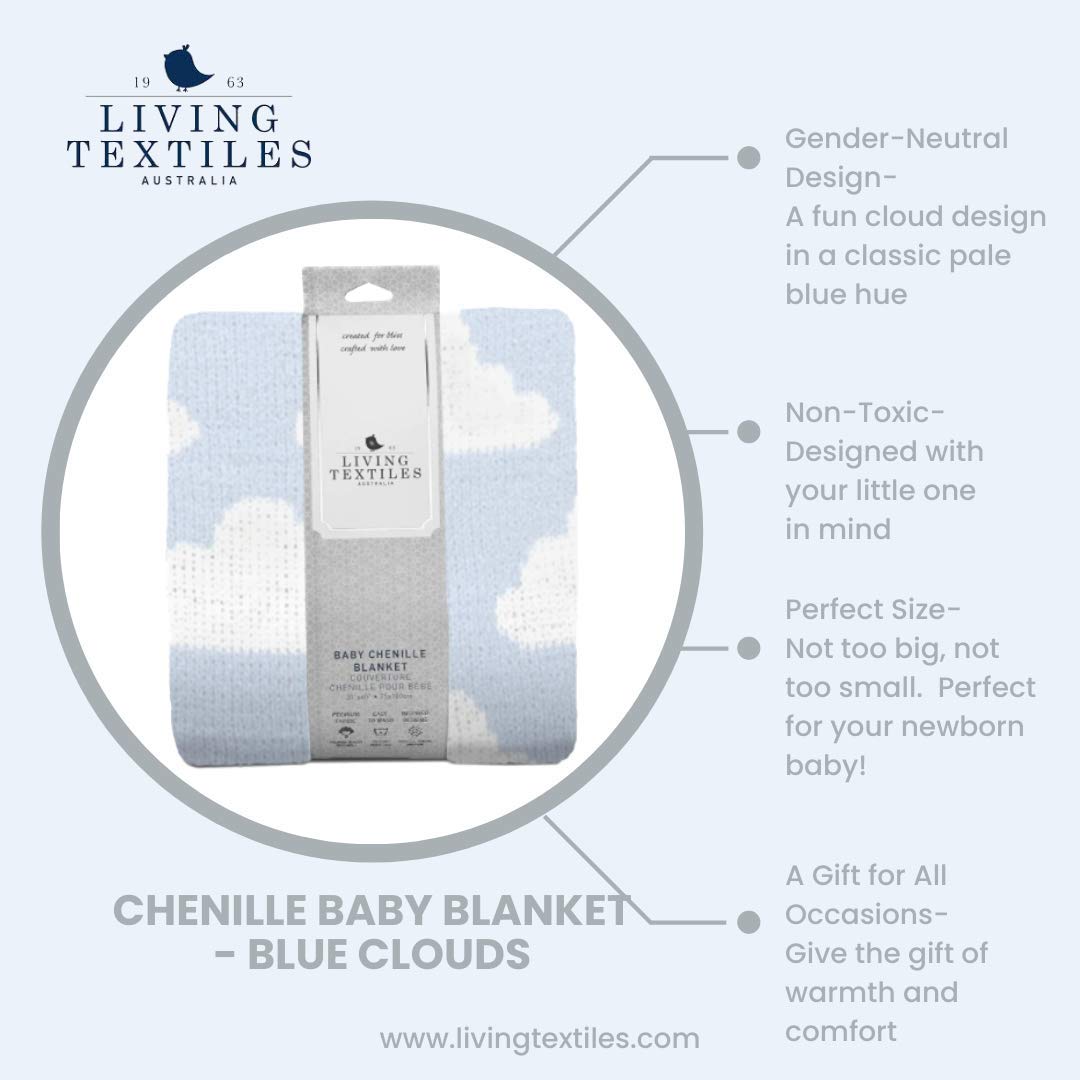 Living Textiles Blue Clouds Chenille blanket displayed in a nursery setting for cozy decor.