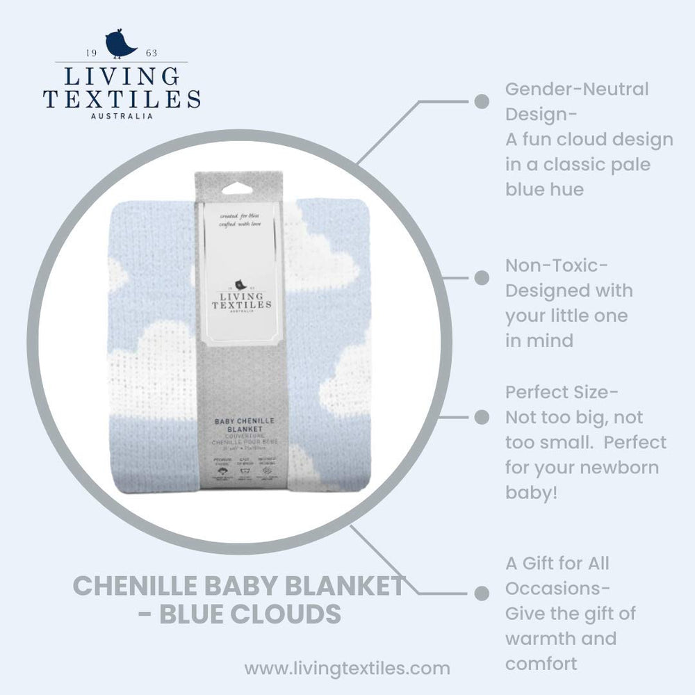 Living Textiles Blue Clouds Chenille blanket displayed in a nursery setting for cozy decor.