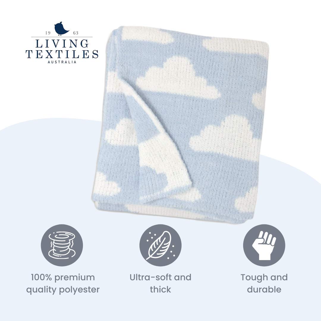 Living Textiles Blue Clouds Chenille blanket features a unisex blue clouds design for any nursery.